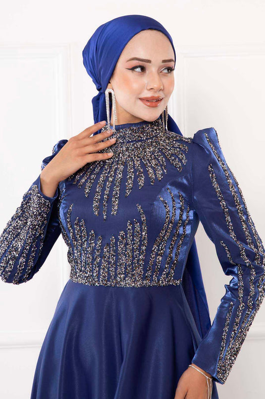 Magnifico abito da sera Hijab con dettagli in pietra blu navy