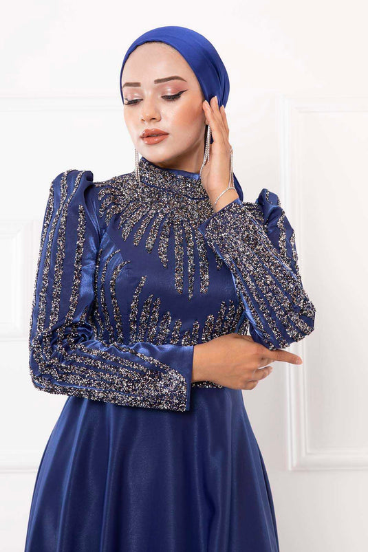 Magnifico abito da sera Hijab con dettagli in pietra blu navy