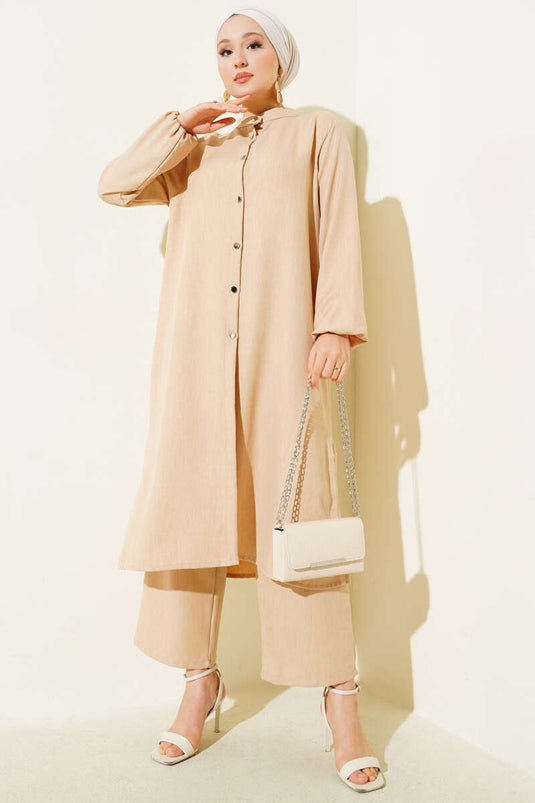Ensemble deux pièces tunique longue à col grand-père beige