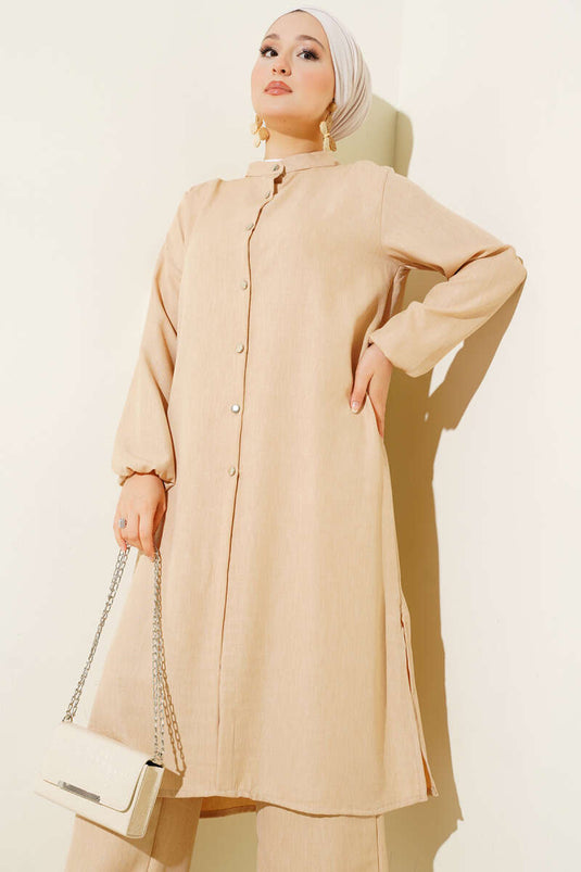 Ensemble deux pièces tunique longue à col grand-père beige