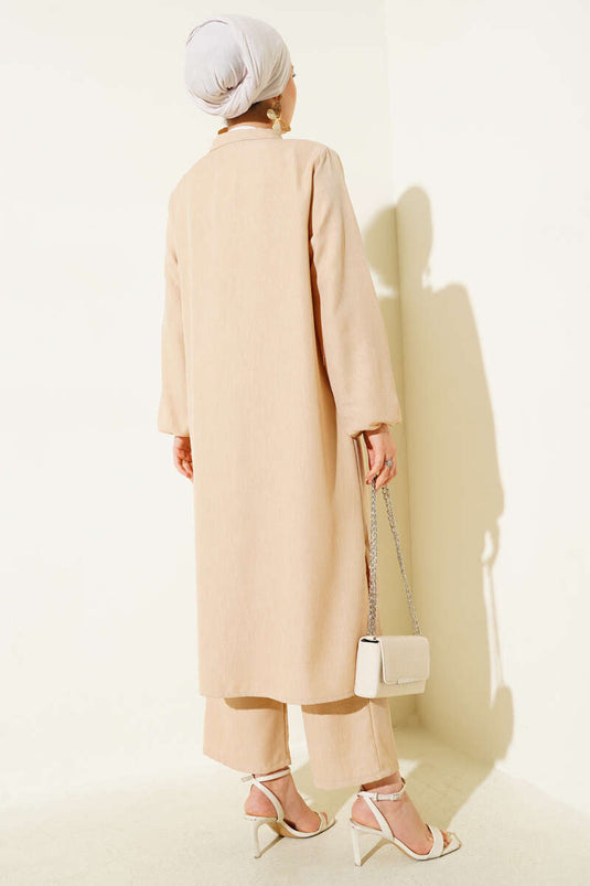 Ensemble deux pièces tunique longue à col grand-père beige