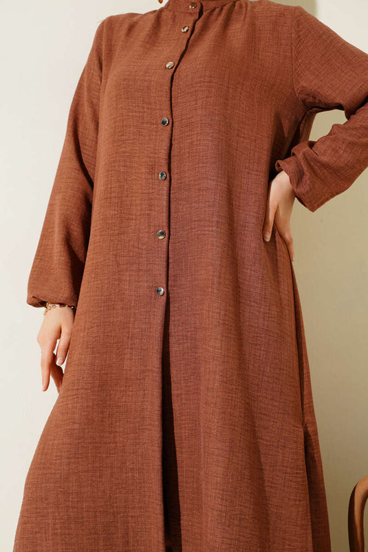 Costume deux pièces tunique longue à col mandarin marron