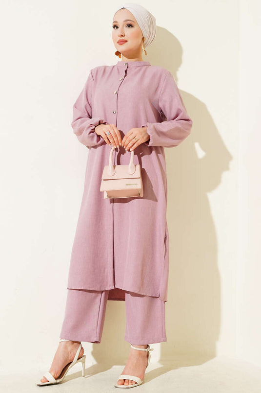 طقم تونيك طويل بياقة الجد من قطعتين - بودرة