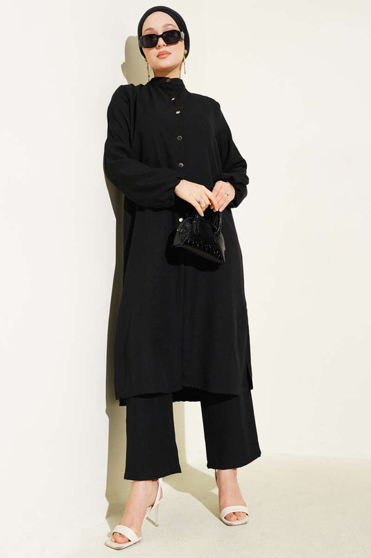 Ensemble deux pièces tunique longue à col grand-père noir