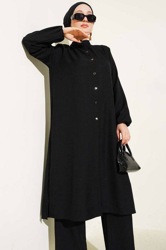 Grandad Collar Long Tunic Two Piece Set Black