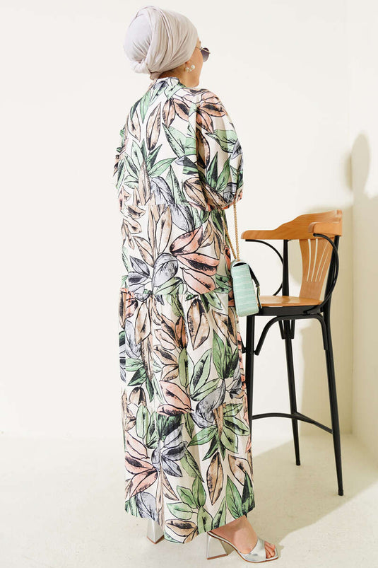 Robe à motif de feuilles à col grand-père verte