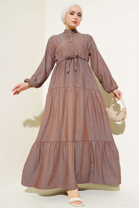 Half Buttoned Dress with Grandad Collar Brown