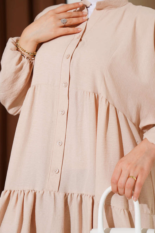Mandarin Collar Half-Button Buttoned Placket Dress Beige