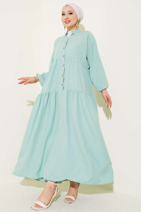 Mandarin Collar Half-Button Buttoned Placket Dress in Sage Green