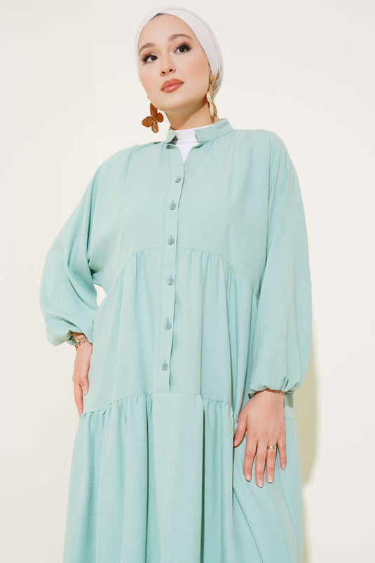 Mandarin Collar Half-Button Buttoned Placket Dress in Sage Green
