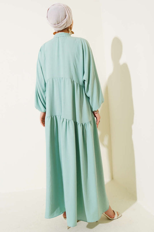 Mandarin Collar Half-Button Buttoned Placket Dress in Sage Green