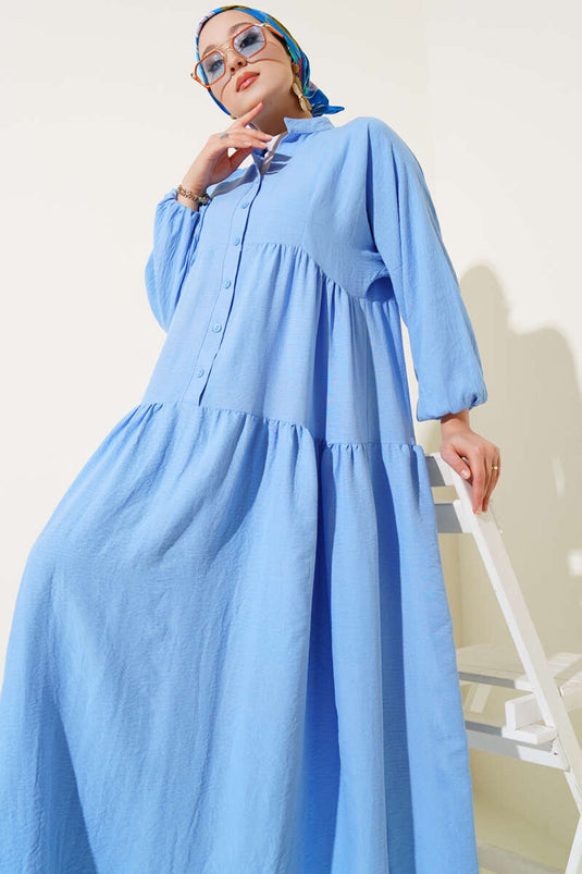 Mandarin Collar Half-Button Buttoned Dress Blue