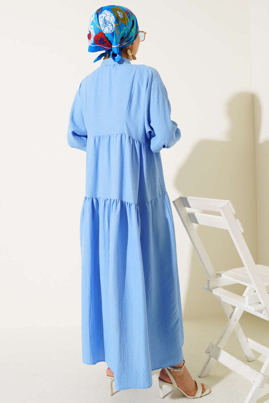 Mandarin Collar Half-Button Buttoned Dress Blue