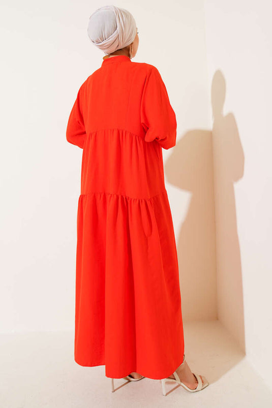 Mandarin Collar Half-Button Placket Dress Orange