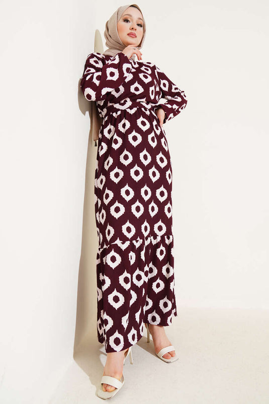 Ring Pattern Belted Crepe Dress Burgundy