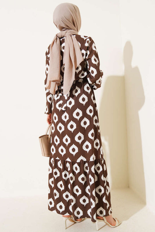 Circle Pattern Belted Crepe Dress Brown