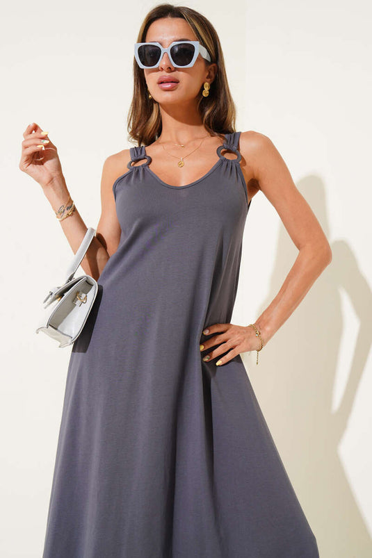 Ring Detail V-Neck Dress Anthracite