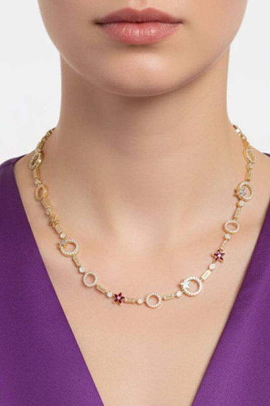 Halka Taşlı Çiçekli Kolye Gold