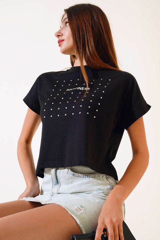 تي شيرت Happines مطرز بالترتر باللون الأسود