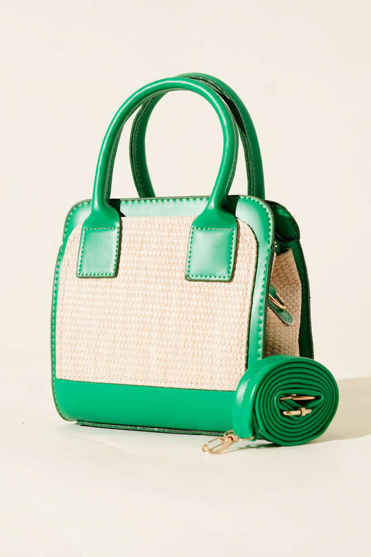 Borsa quadrata con dettagli in paglia verde