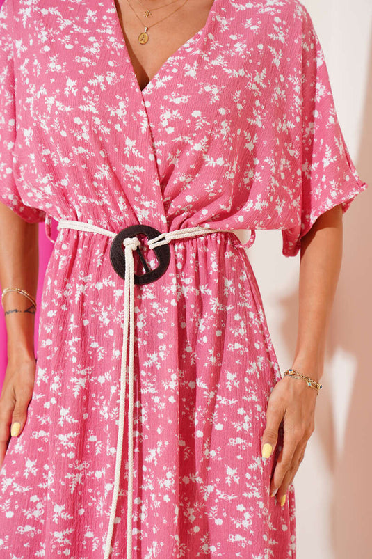 Floral Dress with Straw Belt, Rose Pink