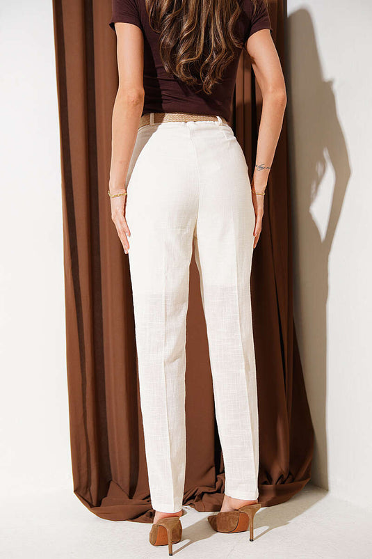 Beige Linen Pants with Straw Belt and Slim Legs