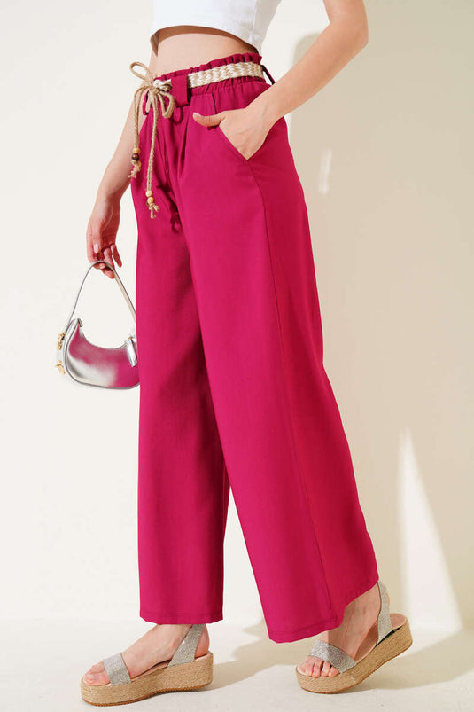 Wide Leg Trousers with Straw Belt, Plum