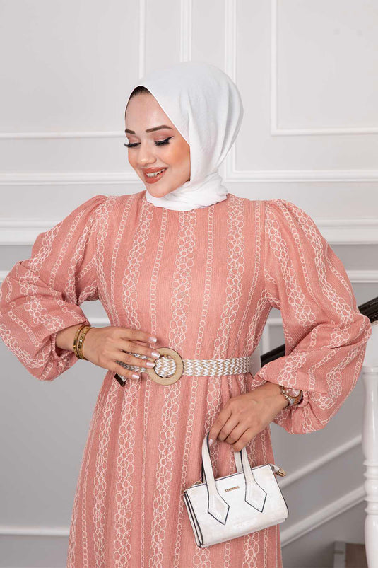 Robe Hijab à Motifs de Chaîne à Ceinture en Osier Poudre