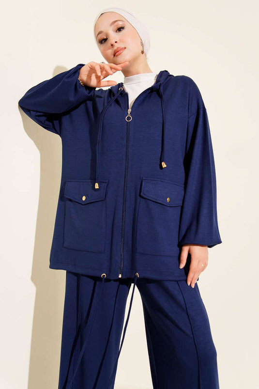 Loyşa Zippered Pocket Hooded Two-Piece Suit Navy Blue