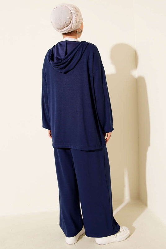 Loyşa Zippered Pocket Hooded Two-Piece Suit Navy Blue