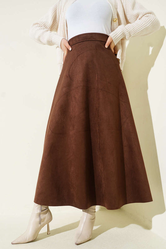 Jupe évasée en suède avec ceinture élastique marron châtaigne