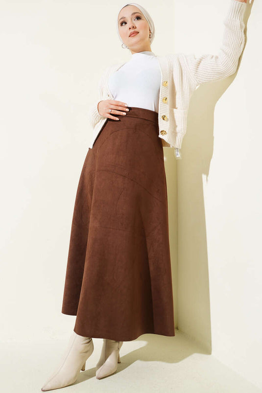 Jupe évasée en suède avec ceinture élastique marron châtaigne