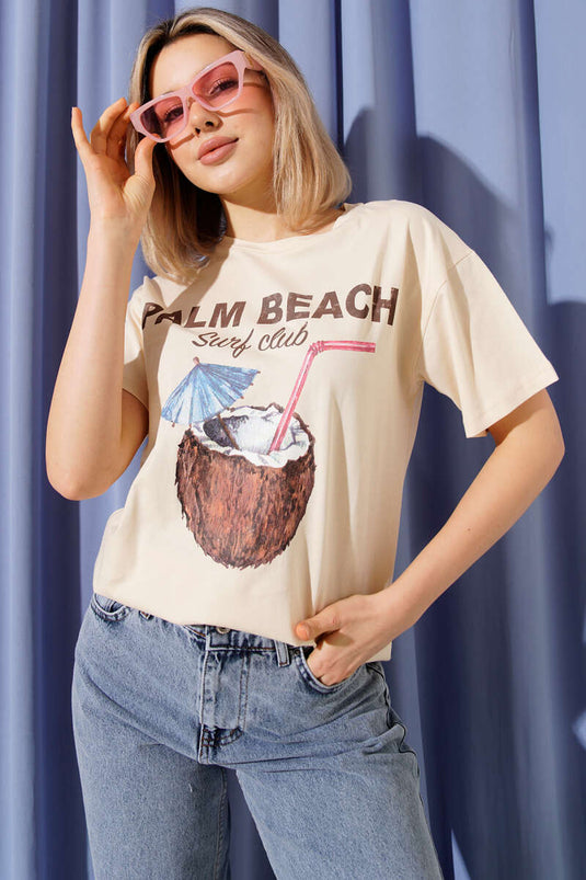 Hindistan Cevizi Baskılı T-shirt Bej