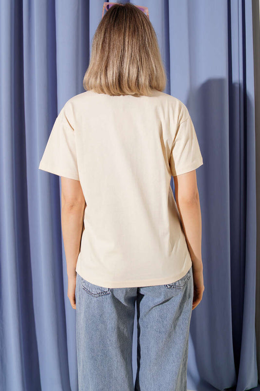 Hindistan Cevizi Baskılı T-shirt Bej