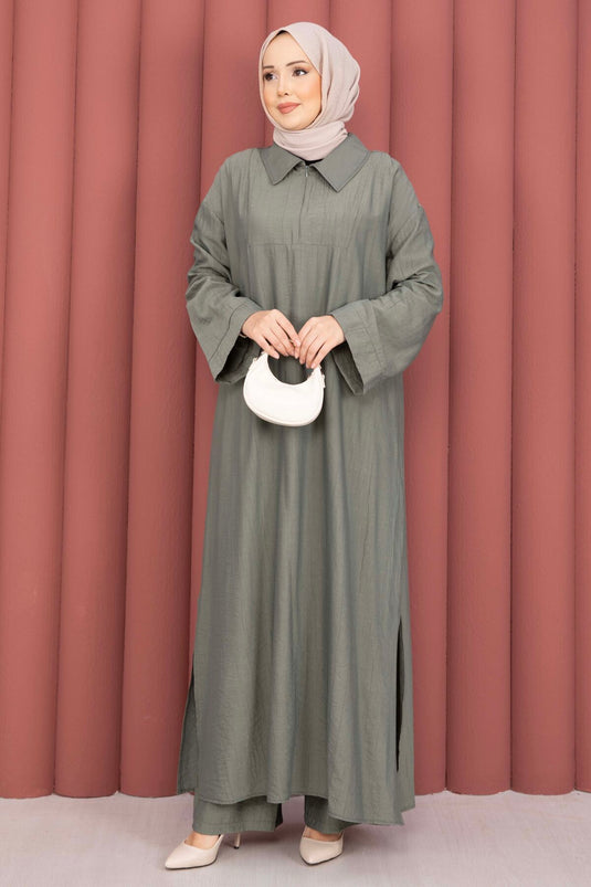 Ensemble tunique Hira à demi-fermeture éclair kaki