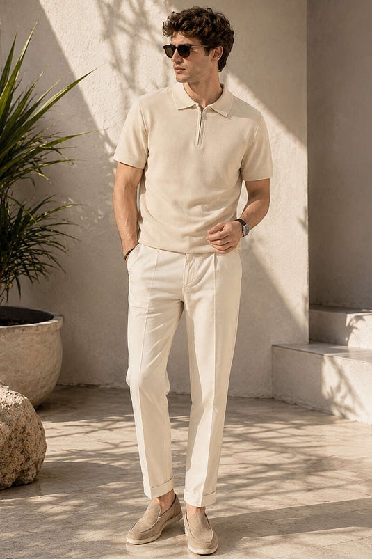 T-shirt basique à col polo zippé beige