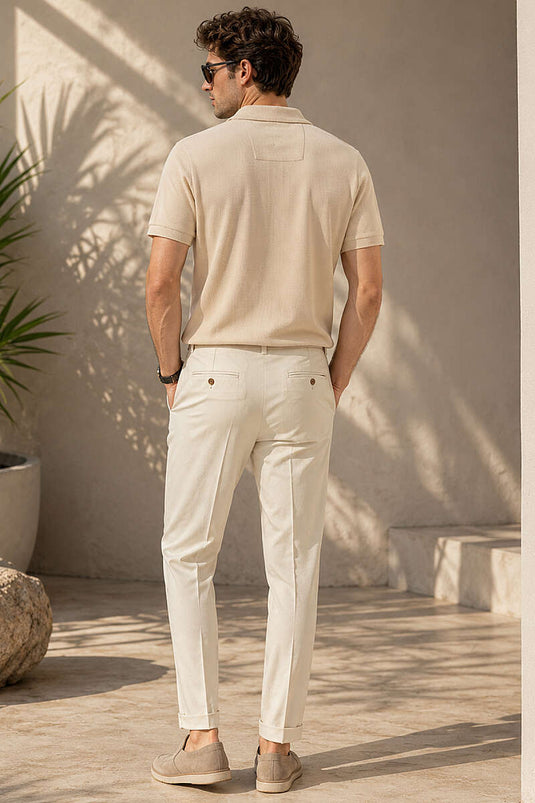 T-shirt basique à col polo zippé beige