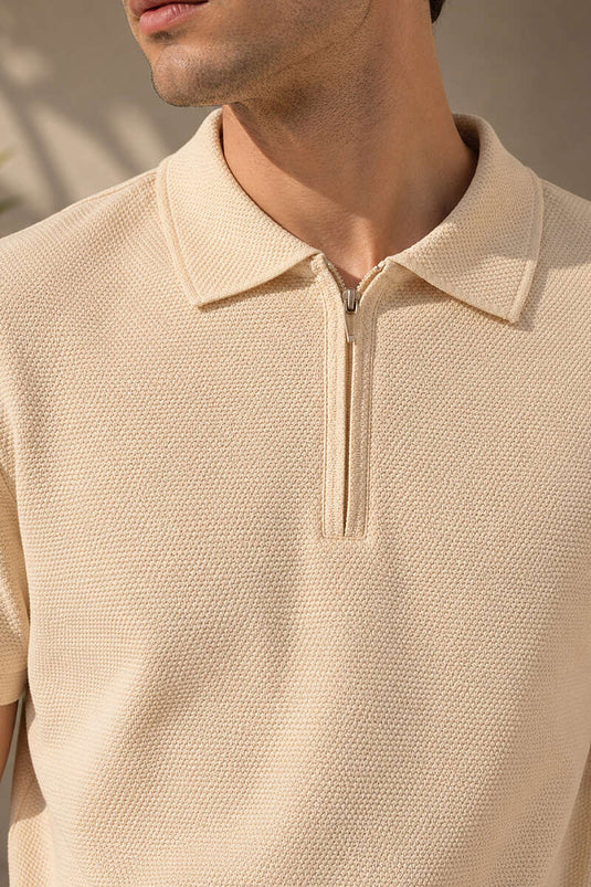 T-shirt basique à col polo zippé beige