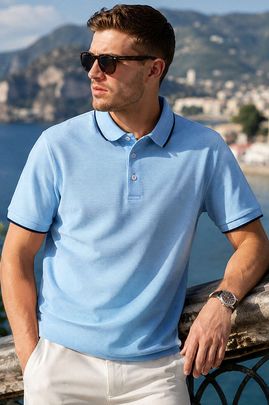Yarım Düğmeli Polo Yaka Waffle Erkek T-shirt Mavi