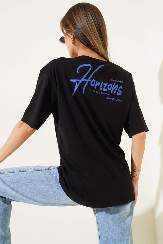 تيشيرت أسود مطبوع عليه صورة آفاق من الأمام والخلف