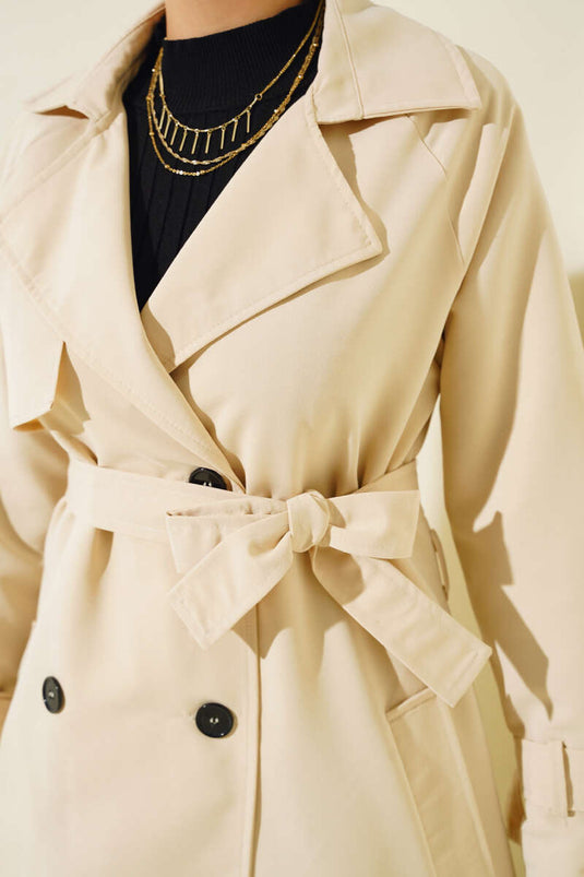Beige Gefütterter Gürtel-Trenchcoat
