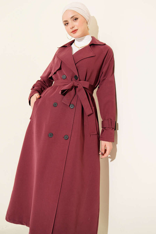 İçi Astarlı Kuşaklı Trençkot Bordo
