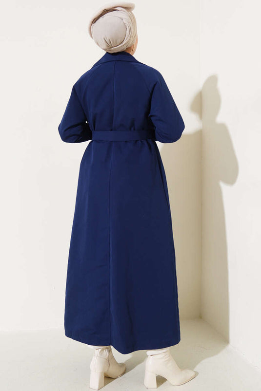 Trench Coat Blu Navy Con Cintura E Fodera