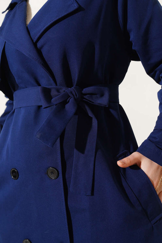 Trench Coat Blu Navy Con Cintura E Fodera