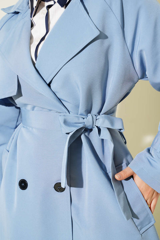 İçi Astarlı Kuşaklı Trençkot Mavi