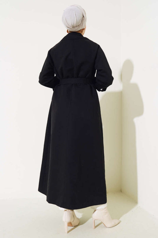 Schwarzer, Gefütterter Trenchcoat Mit Gürtel