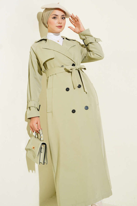 معطف ترنش مبطن بحزام باللون الأخضر المائي