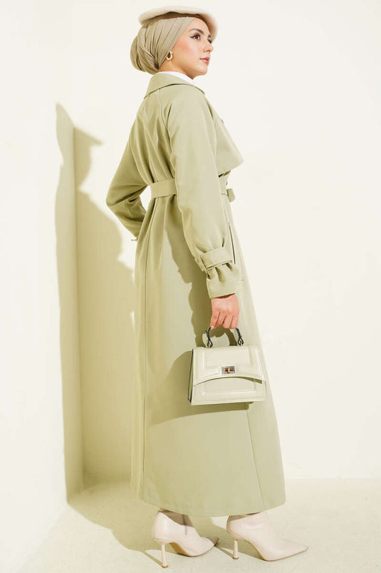 معطف ترنش مبطن بحزام باللون الأخضر المائي