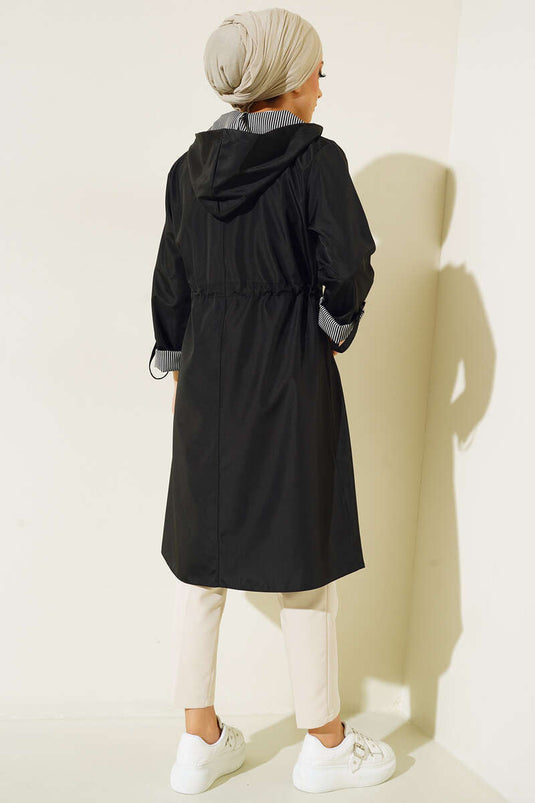 Trench-coat froncé à taille rayée à l'intérieur noir