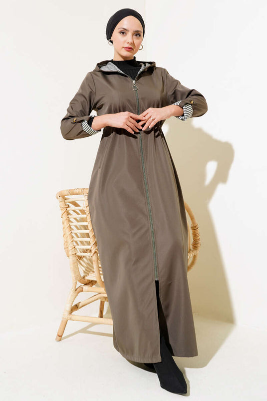 Striped Lined Waist Tunnel Trench Coat Khaki